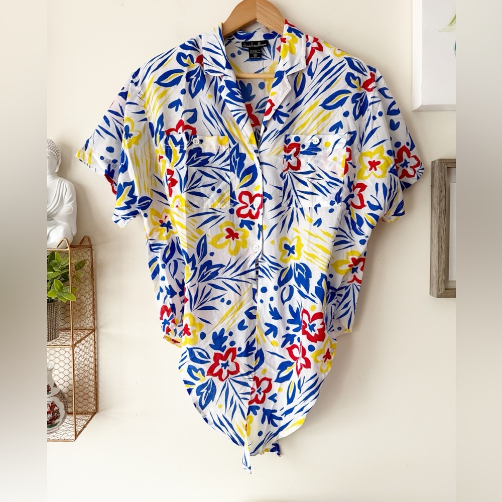 David Matthew Vtg 80s Resort Tropical Floral Button-Up Tie-Front Shirt Size 14 - Picture 8 of 13